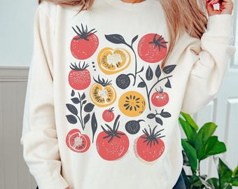 Boho Tomatträdgårdströja, Komfortfärger Cottagecore Veggie Botanisk Tomatälskare Gåva, Mysig Överdimensionerad Tomatflicka Estetisk Tröja