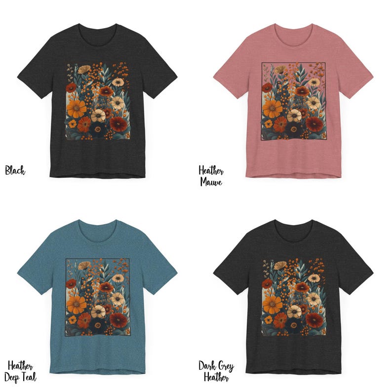 Puede incluir: Cuatro camisetas con un dise&ntilde;o de estampado floral. Las camisetas est&aacute;n disponibles en negro, morado jaspeado, azul oscuro jaspeado y gris oscuro jaspeado.