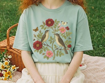 Vintage Bird & Flowers T-Shirt, Cottagecore Garden Birdies, Grandmacore Shirt