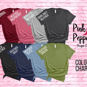 May include: Color chart showing 10 different t-shirt colors: cardinal, heather raspberry, athletic heather, dark grey heather, black heather, heather navy, heather slate, heather green, white, and light pink. The text "Pink Pepper Designs Co." is in the upper right corner of the image. The text "COLOR CHART" is in the lower right corner of the image.