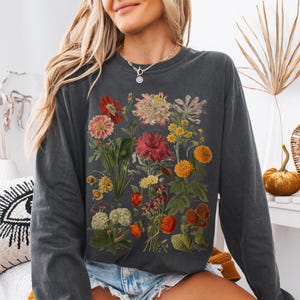 Cottagecore Vintage Blumen Langarm T-Shirt - Komfort Farben