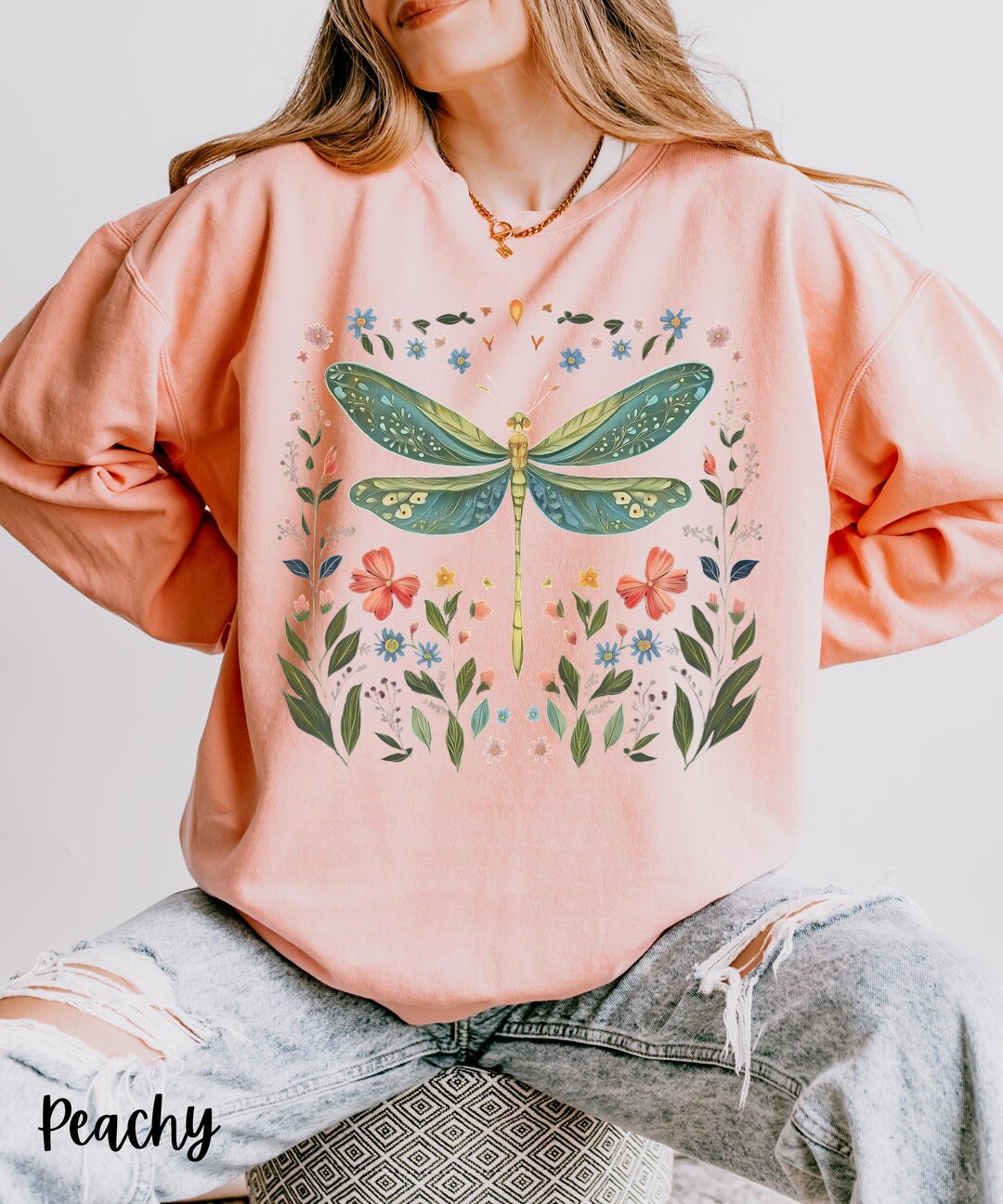Boho Dragonfly & Flowers Comfort Colors Sweatshirt, Cottagecore Witchy ...