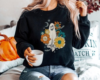 Retro Halloween-tröja: Boho blommig spöke, häxig hösttröja
