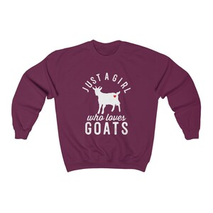 May include: Burgundy sweatshirt with a white silhouette of a goat and the text "Just a girl who loves goats".