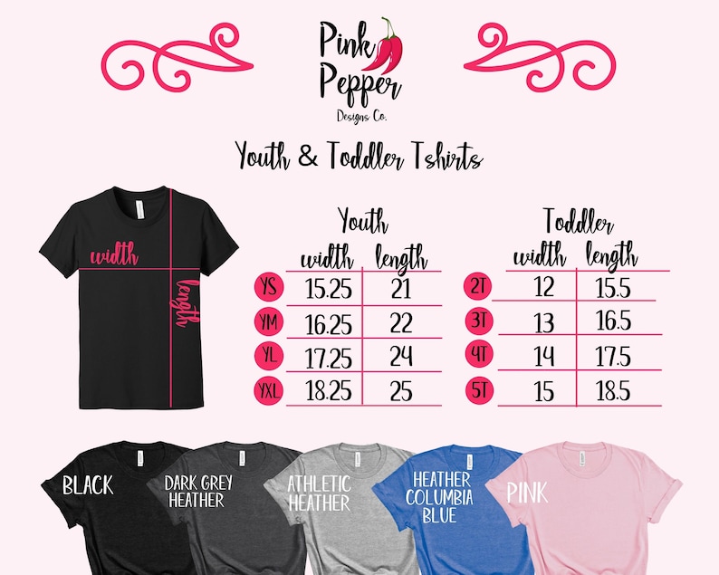 K&ouml;nnte beinhalten: Gr&ouml;&szlig;entabelle f&uuml;r T-Shirts f&uuml;r Kinder und Kleinkinder. Die Tabelle zeigt die Breiten- und L&auml;ngenma&szlig;e in Zoll f&uuml;r die Gr&ouml;&szlig;en YS, YM, YL, YXL, 2T, 3T, 4T und 5T. Die Tabelle zeigt auch f&uuml;nf verschiedene T-Shirt-Farben: Schwarz, Dunkelgrau meliert, Athletik meliert, Columbia Blau meliert und Rosa.