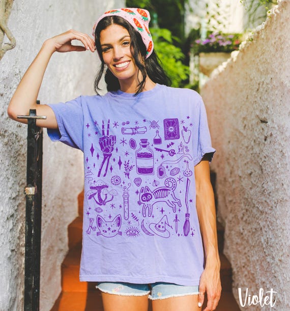 Spooky Cute Witch Tshirt, Vintage Witchy Collage Doodles Shirt, Retro Fall Shirt Cute Halloween, Creepy Cute Comfort Colors TShirt to 4XL