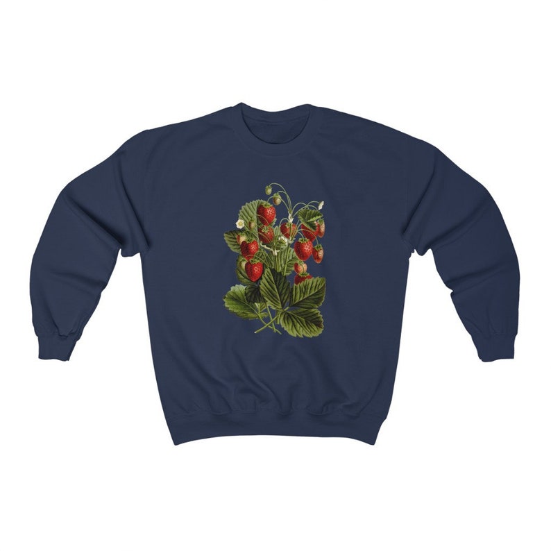 Vintage Strawberry Sweatshirt: Botanical Illustration, Cottagecore Style Navy