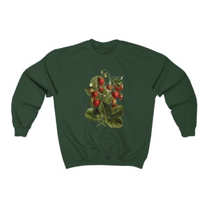 Vintage Strawberry Sweatshirt: Botanical Illustration, Cottagecore Style Forest Green