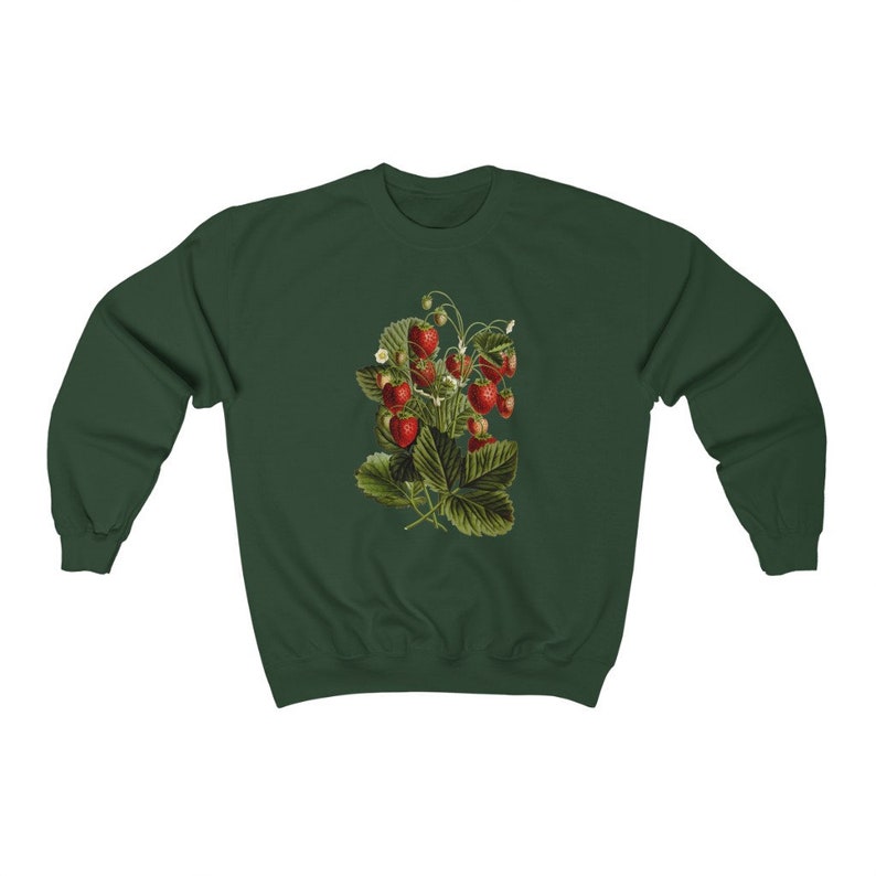 Vintage Strawberry Sweatshirt: Botanical Illustration, Cottagecore Style Forest Green