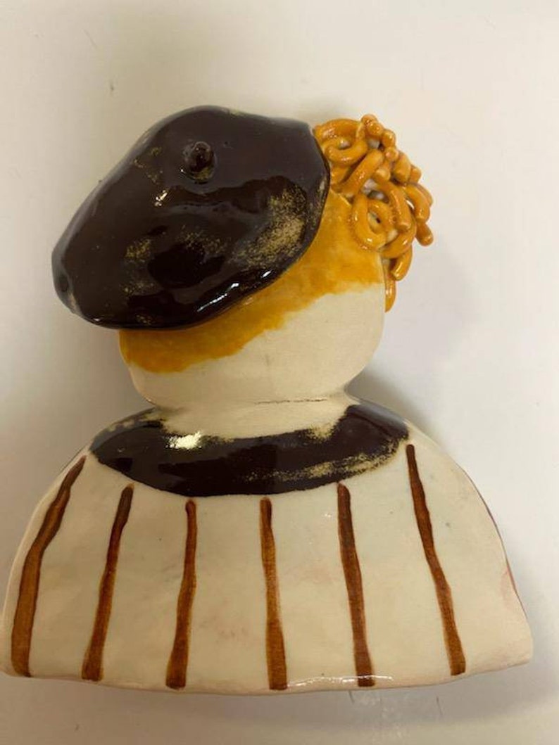 Blonde With Tam Art Dolls Brunette With Top Knot Original Pottery Characters Two Whimsical Pottery Women