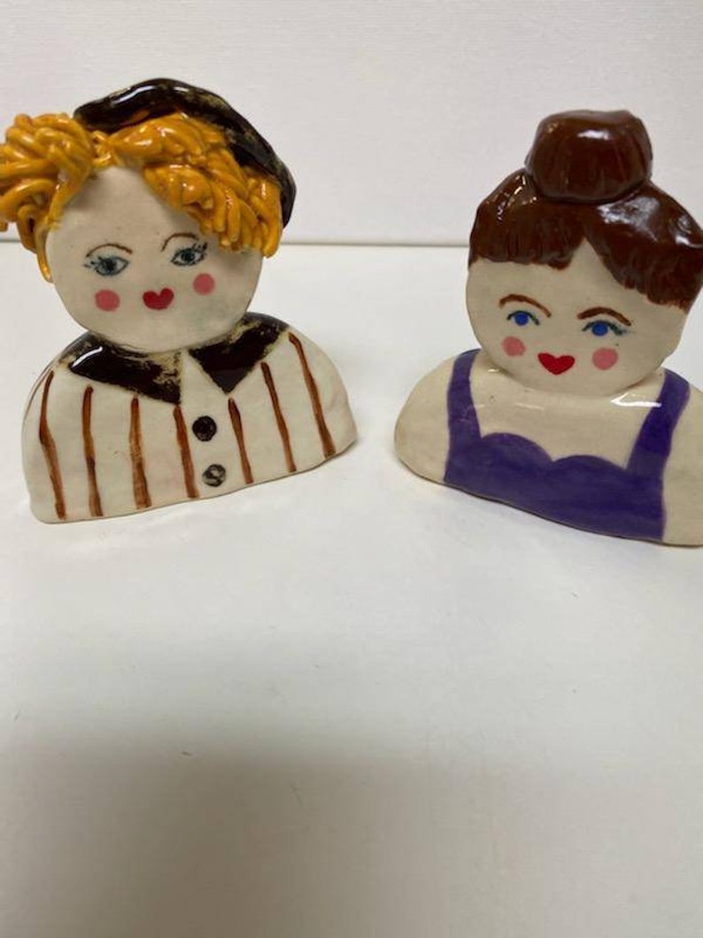 Blonde With Tam Art Dolls Brunette With Top Knot Original Pottery Characters Two Whimsical Pottery Women