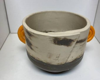 Whimsical Taupe, White and Orange Pottery, Primitive Pot, Original Pottery, Wheel Thrown and Hand Built