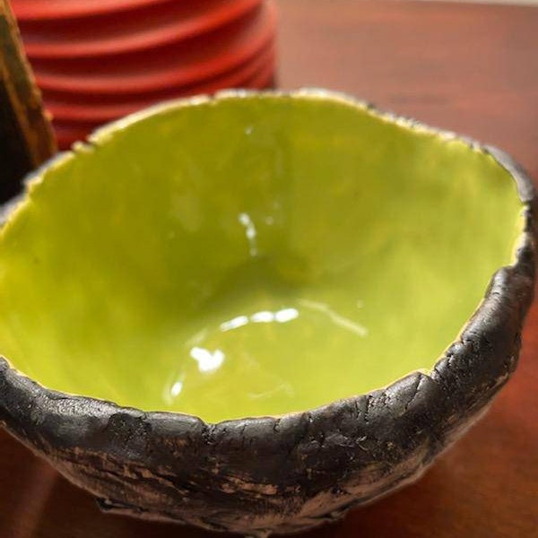 Pottery Bowl, Small Pottery Bowl, Apple Green Inside, With A Rubbed Matte Black Finish On The Outside