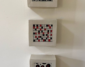 Whimsical Hand Built Stoneware Canvases, Each One Is Painted With A Graphic Design, Three Graphic Designs