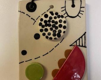 Whimsical Pottery Tile, Abstract Tile, Hanging Tile, Contemporary Pottery, Miro Like Tile, Kitchen Decor, Bathroom Decor