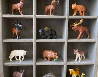 Assemblage Art, Found Object Art, Title, "Wild Side", Hard Plastic Wild Animals, Immediate Collection, Vintage Wooden Box,