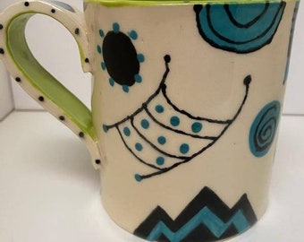 Whimsical Hand-built Coffee Mug, Large Pottery Mug, Tea Mug, Cup Of Joe, Home Decor, Birthday, Wedding, Engagement Gift