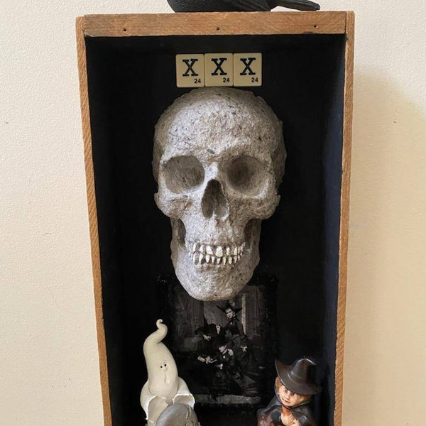 Assemblage Art, Skeleton Assemblage, Found Object Art, Scary Art, Old Wooden Box, Halloween Art, Eclectic Art, Home Decor Art