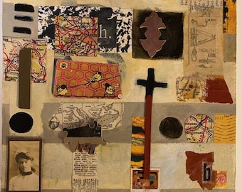 Assemblage Art, Found Object Art OnCanvas, 10x10 Canvas Collage, Map Of France, Bearden, Stamps, Birthday, Wedding Gift, Just Because Gift