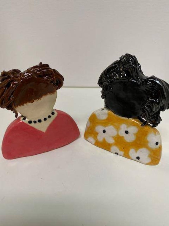 Blonde With Tam Art Dolls Brunette With Top Knot Original Pottery Characters Two Whimsical Pottery Women