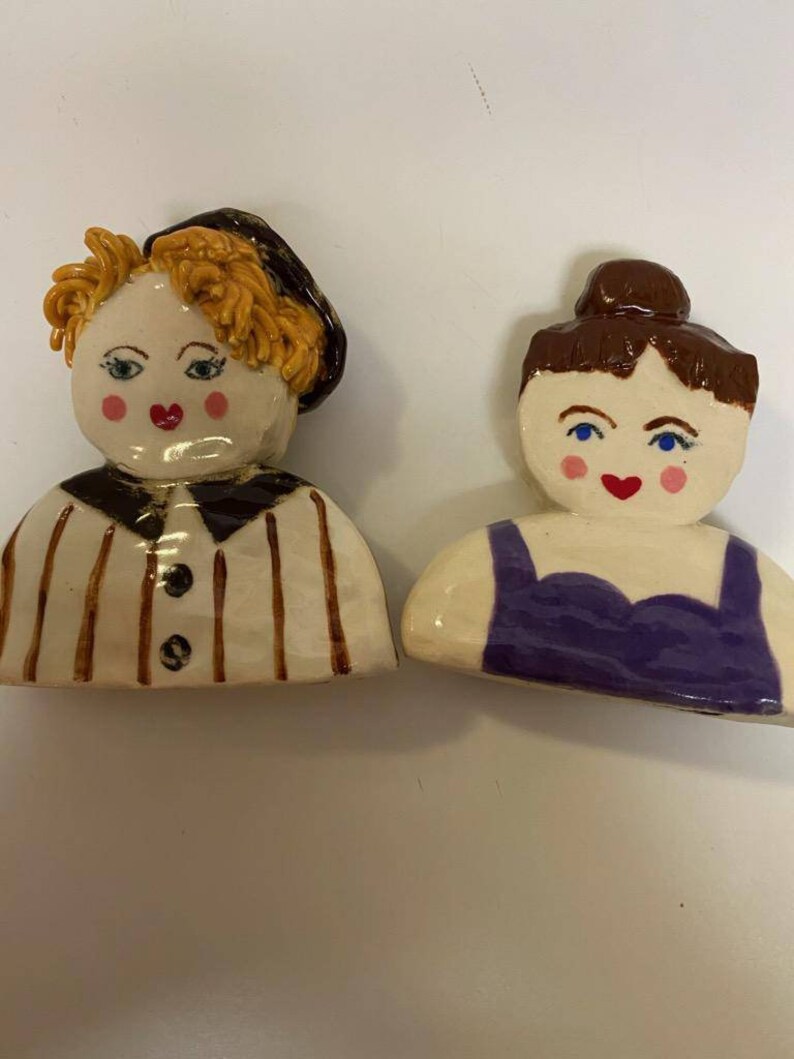 Blonde With Tam Art Dolls Brunette With Top Knot Original Pottery Characters Two Whimsical Pottery Women