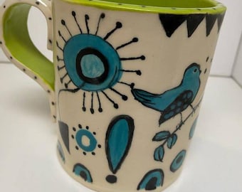 Whimsical Hand-built Coffee Mug, Large Pottery Mug, Birthday Gift, Cup Of Joe, Tea Mug, Just Because Gift, Wedding Gift