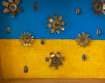 Assemblage Art, Found Object Art, Ukraine Art, Ukraine Flag, Ukraine Sunflowers, Oak Box