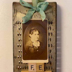 Assemblage Art, Found Object Art, Vintage Photo, Aqua Ribbon, Wonder Shredder, Cheese Grater, Scrabble Letters, Female