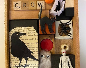 Halloween Assemblage, Found Object Art, Assemblage Art, Halloween Decorations, Crow Art, Halloween Art, Cigar Box Art, Scary Art