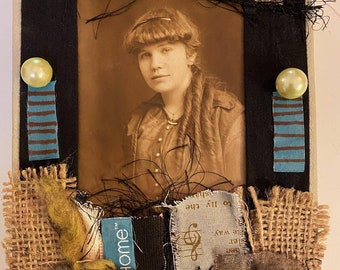 Assemblage Art: "Home,” Fiber Art, Found Object Art, Cabinet Photo, Victorian Women, Birthday and Wedding Gift, Just Because Gift,