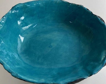 Whimsical Pottery Bowl, Turquoise Pottery Bowl, Hand Built Ceramic Bowl, Home Decor Bowl