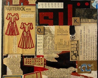 Assemblage Art, Found Objects,Butterick Pattern, Sewing Art, Scrabble Pieces, Dictionary Pages, Birthday or Mother’s Gift, Just Because Gift