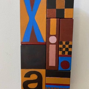 Assemblage Art, Found Object Art, Children&#39;s Block Art, Painting On Vintage Wood Blocks, &quot;Lingo&quot;, My Iconography, Black, Gold, Blue Painting