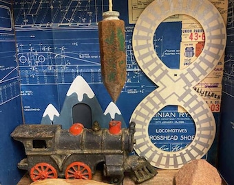 Assemblage Art, Found Object Art, Steam Engine Train, Black Locomotive, Red Wheels, Vintage Train Blue Print Schematic, Father’s Day Art