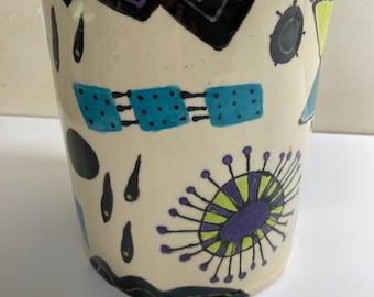 Whimsical Hand Built Pottery Vase, Fun With Doodles and Other Graphic Forms, Original Vase