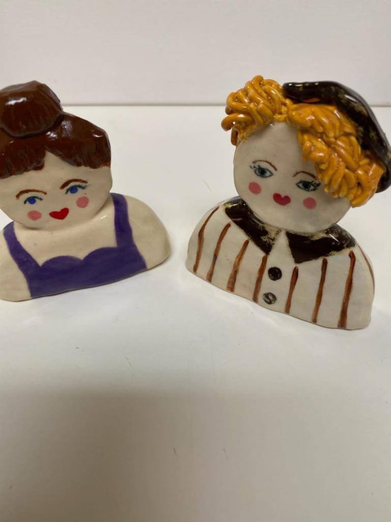 Blonde With Tam Art Dolls Brunette With Top Knot Original Pottery Characters Two Whimsical Pottery Women