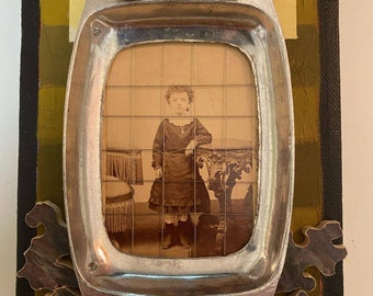 Assemblage Art on Painted Stripe Canvas: "CUTE" - Vintage Tin Type, Victorian Girl, Puzzle Pieces, African Clay Beads, Birthday Gift