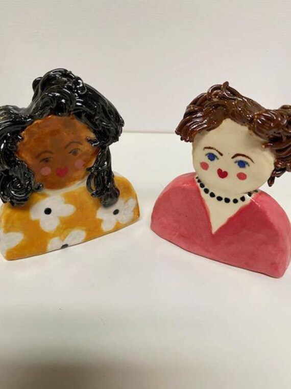 Blonde With Tam Art Dolls Brunette With Top Knot Original Pottery Characters Two Whimsical Pottery Women