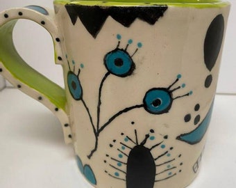 Whimsical Hand built Coffee Mug, Large Pottery Mug, Wedding, House Warming, Birthday, Engagement Gift