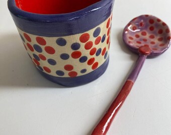 Whimsical Pottery, Hand Built Pottery, Red And Purple Salt Cellar And Ceramic Spoon, Polka Dot Pottery