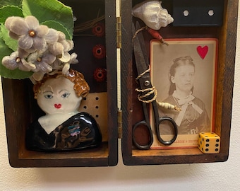 Assemblage Art, Found Object Art, “Woman To Woman” Original, Vintage Dovetailed Box, Original Pottery Woman, Cabinet Photo, Antique Scissors