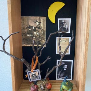 May include: A wooden shadow box with a black background, a yellow crescent moon, a small green frog wearing a black witch hat, and several framed images. The images include a vintage illustration of a witch, a vintage image of a woman in a witch costume, and a vintage image of a man in a witch costume. The shadow box also includes a small tree made of branches, a small brown ribbon, and a small silver frame with a vintage image of a witch.