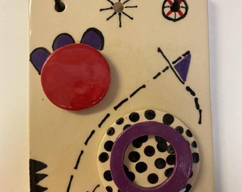 Whimsical Pottery Tile, Hanging Pottery Tile,Abstract Tile, Miro Like Art, Contemporary Pottery, Home Decor, Purple and Red