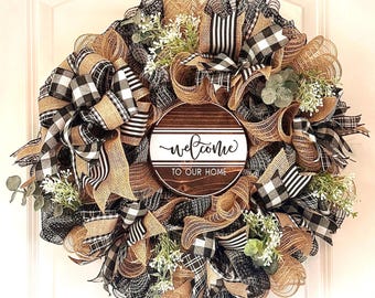 Welcome to Our Home Wreath – Farmhouse Everyday Wreath with Buffalo Plaid, Burlap, Greenery | Rustic Front Door Decor