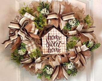 Neutral Farmhouse Wreath, Home Sweet Home Everyday Wreath, Tan Gingham Door Decor, Rustic Year-Round Wreath with Greenery, Everyday Wreath