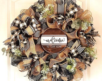 Farmhouse Welcome Wreath: Buffalo Plaid, Burlap & Eucalyptus Front Door Decor