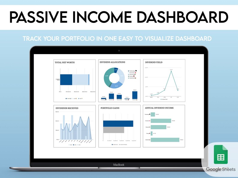 May include: A laptop screen displaying a Google Sheets spreadsheet with a passive income dashboard. The dashboard includes charts and graphs showing total net worth, dividend allocations, dividend yield, dividends received, portfolio gains, and annual dividend income.