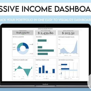 May include: A laptop screen displaying a Google Sheets spreadsheet with a passive income dashboard. The dashboard includes charts and graphs showing portfolio value, sector allocation, holdings, cost basis vs market value, portfolio profit/loss, and net worth value vs goal. The dashboard also includes the text "PASSIVE INCOME DASHBOARD" and "TRACK YOUR PORTFOLIO IN ONE EASY TO VISUALIZE DASHBOARD".