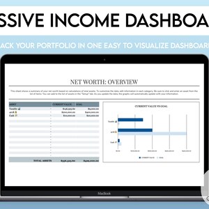 May include: A screenshot of a Google Sheet spreadsheet on a laptop screen. The spreadsheet is titled "Passive Income Dashboard" and is designed to track a person's net worth. The spreadsheet includes a table with columns for "Asset", "Current Value", and "Goal". There is also a bar graph that shows the current value of each asset compared to the goal.