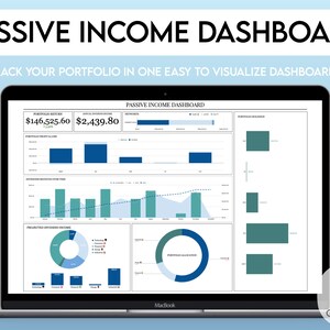 May include: A laptop screen displaying a Google Sheets spreadsheet with a passive income dashboard. The dashboard includes charts and graphs showing portfolio returns, projected income, and portfolio allocation. The title of the spreadsheet is "Passive Income Dashboard".